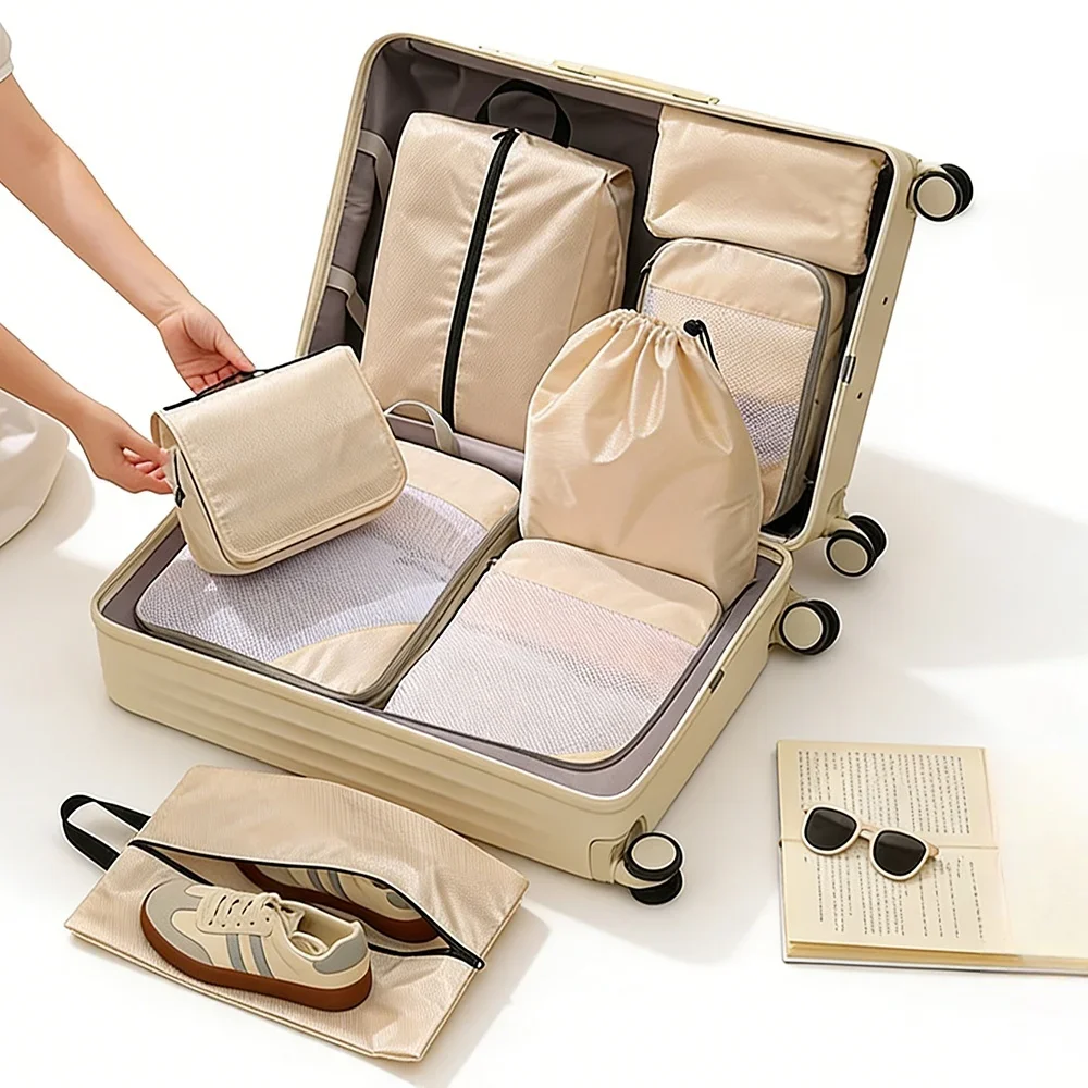 Compression Packing Cubes Set Travel Organizer Bags for Suitcase Clothes Storage Luggage Organizer with Breathable Mesh Shoe Bag