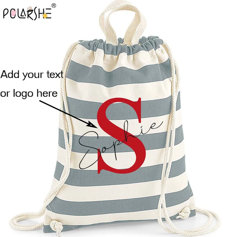 Customizable Striped Drawstring Backpack Cotton Canvas Material Personalized Text Logo Bag Foldable Portable For Travel School