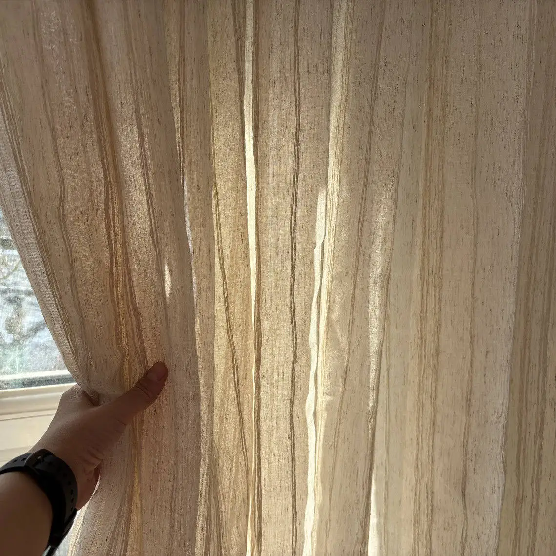 Premium Faux Linen Sheer Curtain Thick Vertical Stripe Semi Shade Voile Curtain Breathable Light Filtering Window Screen Decor