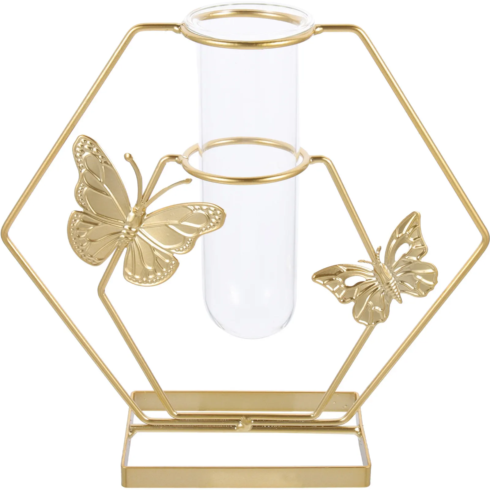 Premium Metal Frame Clear Glass Flower Vase Desktop Decorative Hollow Vase for Home Office Balcony Wedding Party Hydroponic