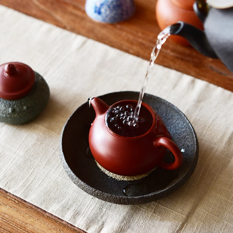 Round Basalt Teapot Holder 15cm Natural Stone Tea Tray Handmade Premium Kung Fu Tea Accessory Vintage Elegant Home Office Decor