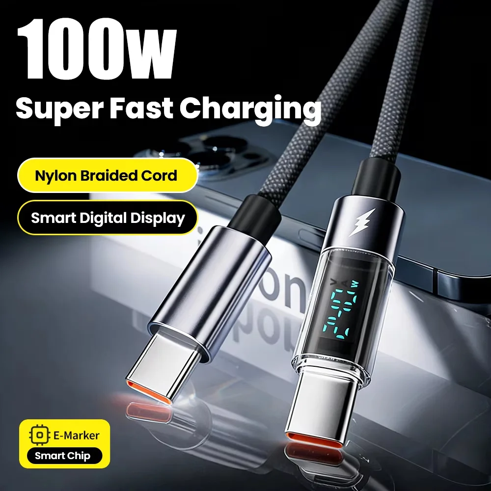 100W Transparent Digital Display Type C USB-C C-C Fast Charging Data Cable For iPhone 18 16 17 Pro Max Laptop Tablet