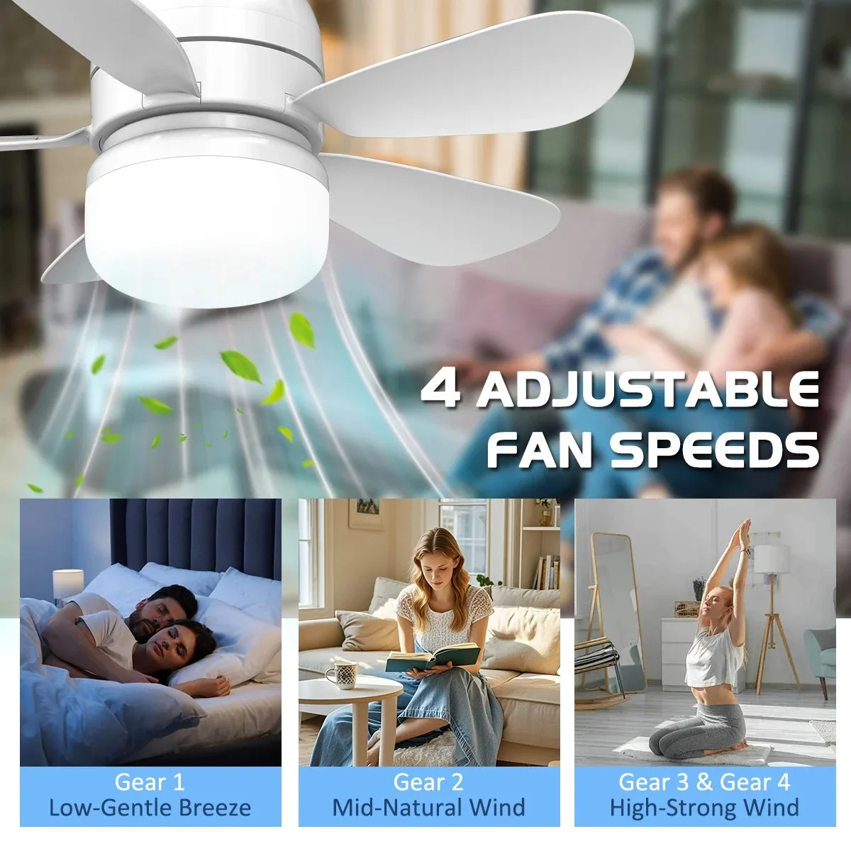 Indoor Fan Light Bulb Dimmable LED Ceiling Fans with Lights Remote Adjustable Color and Brightness Fan for Kitchen Bedroom