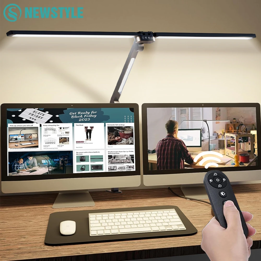 220V LED Eye-Caring Desk Light with Stepless Dimming Adjustable Flexible Gooseneck Remote 24W LED Clamp Desk Lamp for Office PC