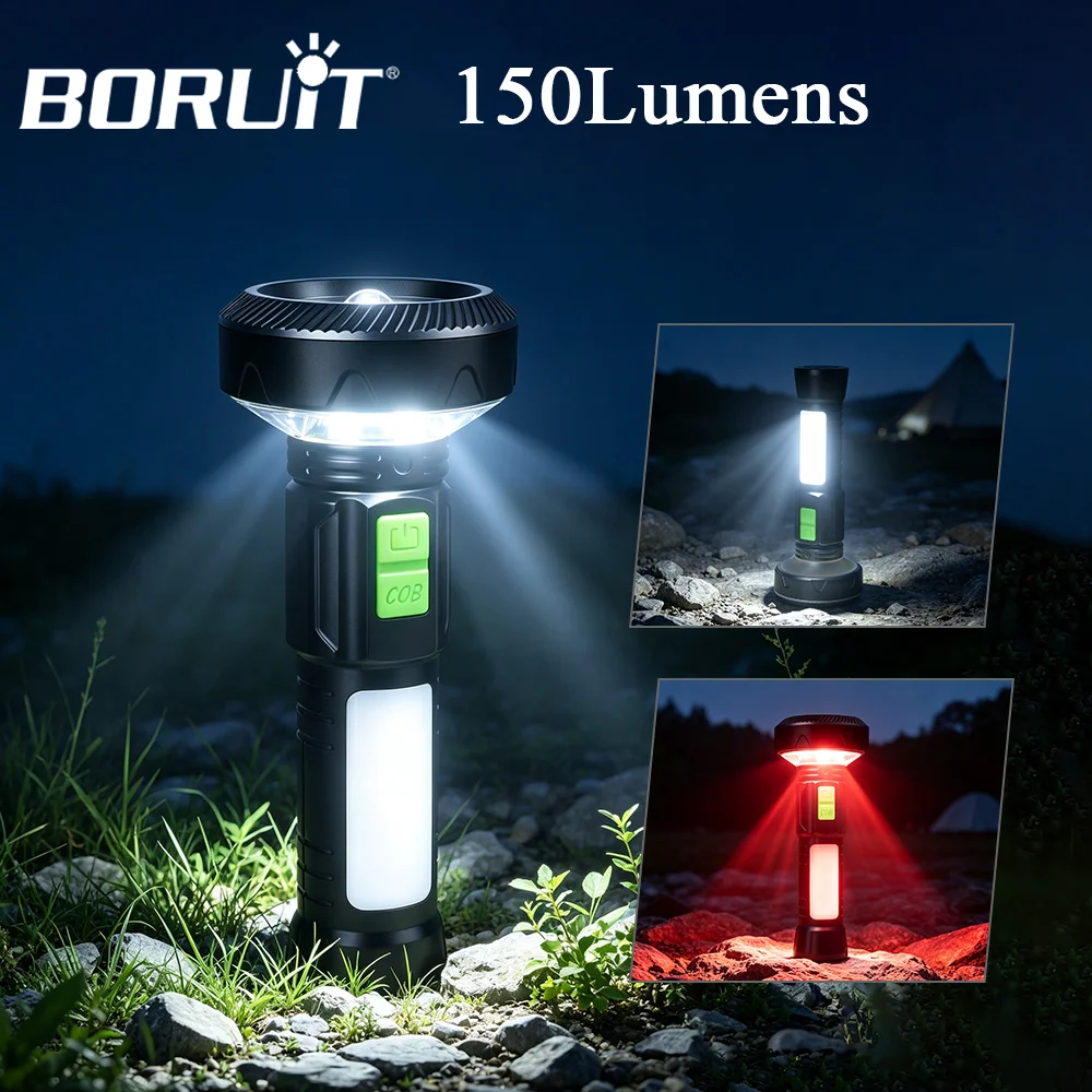 BORUiT 150Lumens Super Bright Flashlight Type-C Rechargeable 11 Lighting Modes Lamp With Tail Magnet Outdoor Camping Lantern