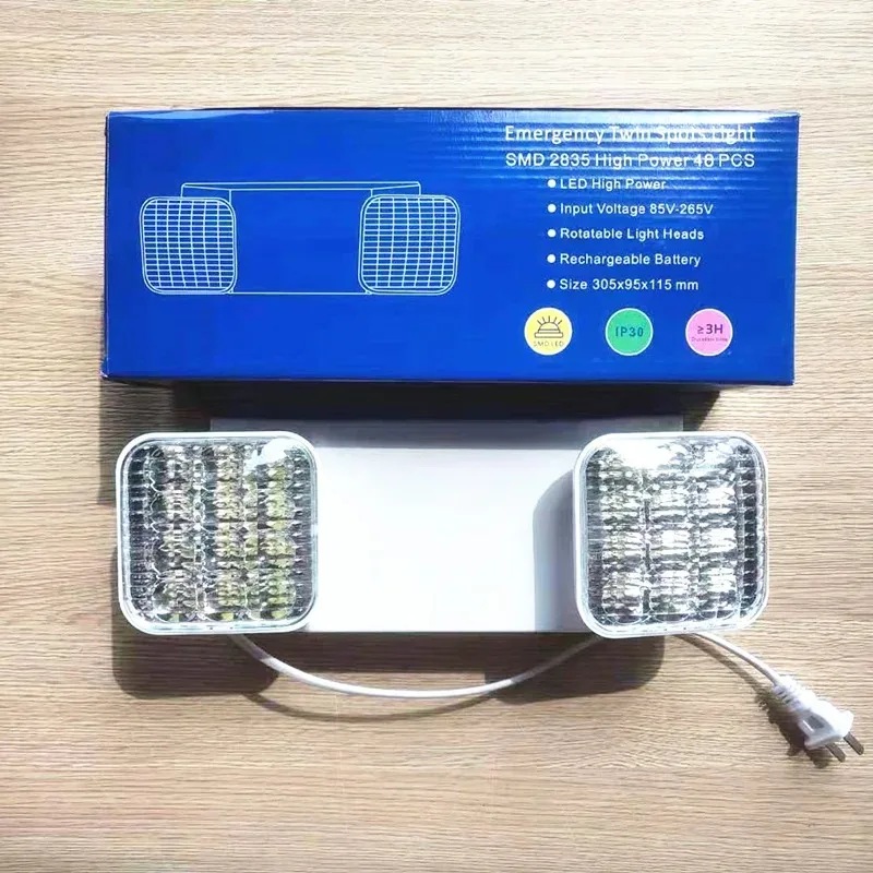 LED Dual Head Emergency Light Fire Certification Emergency Lighting Adjustable Light Angle Large Capacity Lithium Bat0. 85-265V