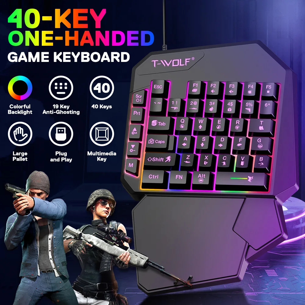 T-WOLF T19 Single Handed Keyboard Game Mechanical Feel Left Hand Small Keyboard Mobile Game Eating Chicken Gaming Keyboard