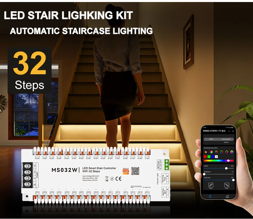 Tuya Smart APP Bluetooth WiFi Zigbee Home Stairway Lighting Strip LED Motion Sensor Automatic Controller Kit 12V 24V 32 Channels