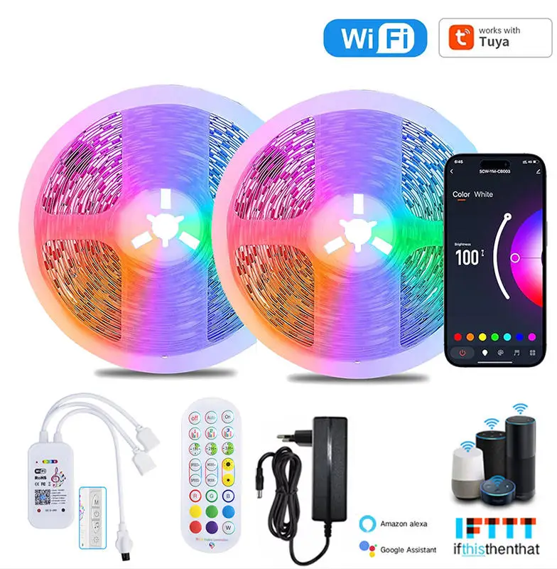 20M 12V Wifi Bluetooth Rgb Led Strip Lights APP Control Music Sync Remote Led Tape Lights Ac100-240V Adaper For Gaming Room