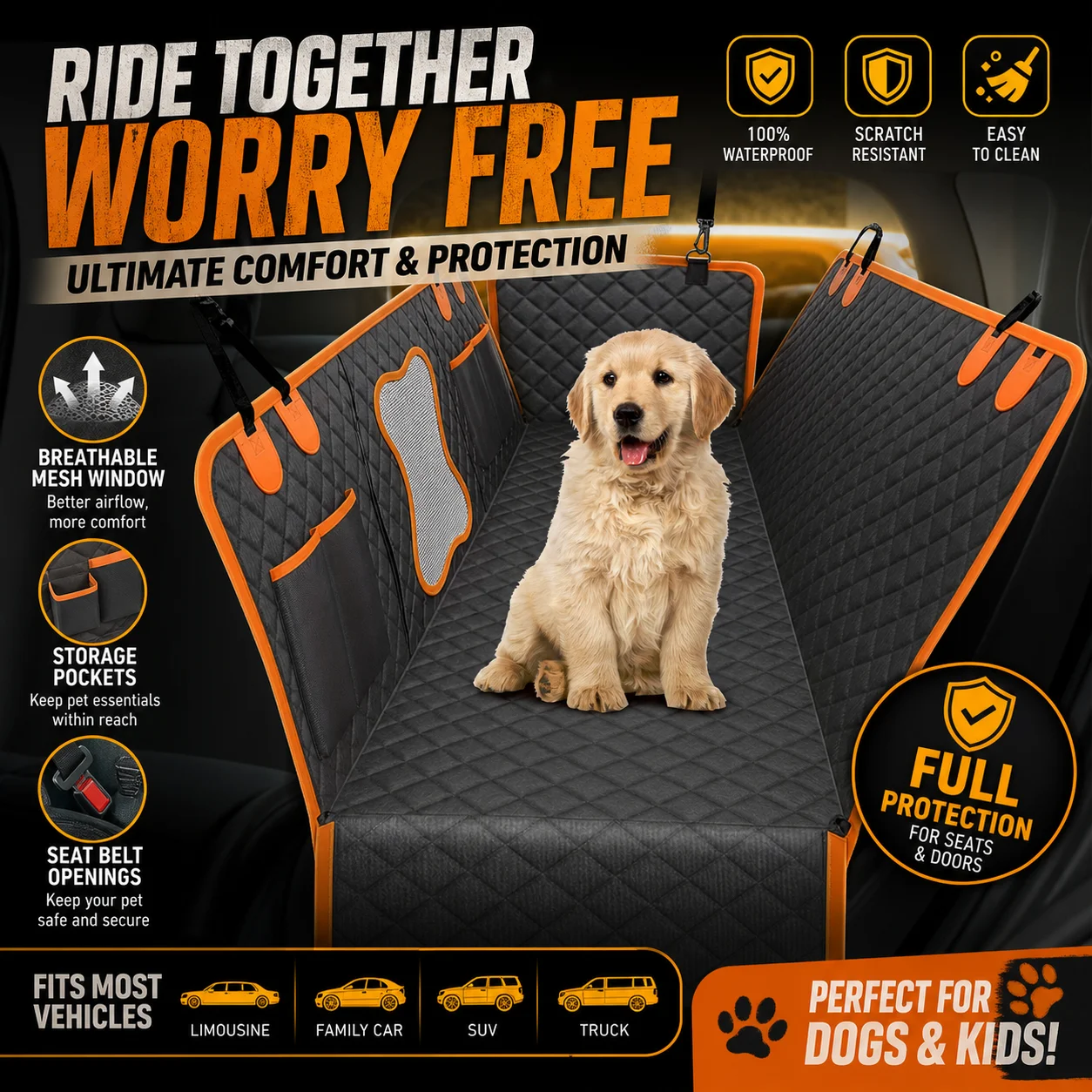 HoldPeak T0A66 Pet Car Seat Cover Waterproof Dog Hammock for SUV Sedan Truck Anti-Slip Scratch Proof Pet Travel Accessories