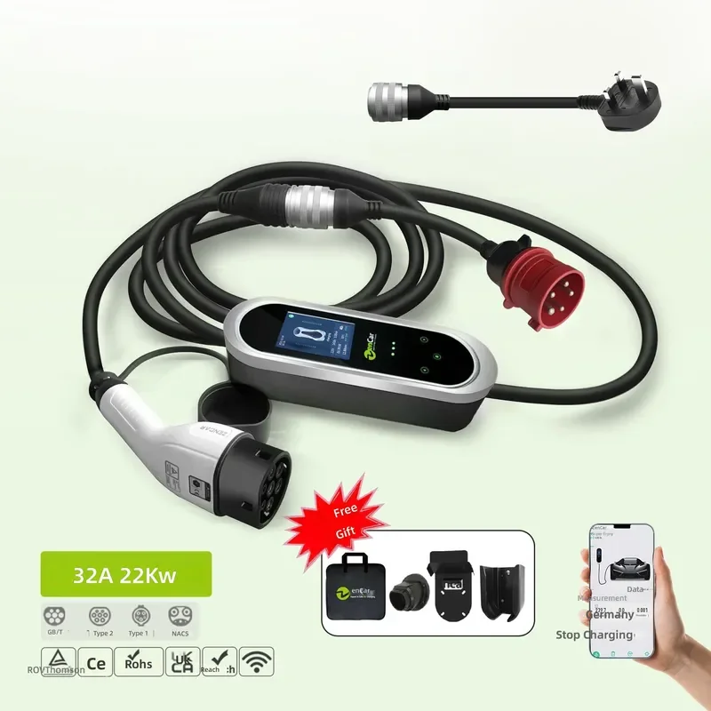 22kW 3 Phase EV Charger 32A Portable AC Charging Station for Type 1 Type 2 GB/T with UK Red CEE Adapters Electric Car