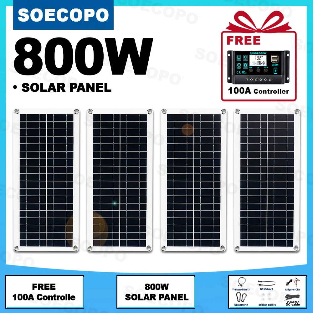 SOECOPO 800W Solar Panel Kit 4pcs Photovoltaic Cells System Free 100A Controller Portable 12V Battery Charger for Car RV Boat