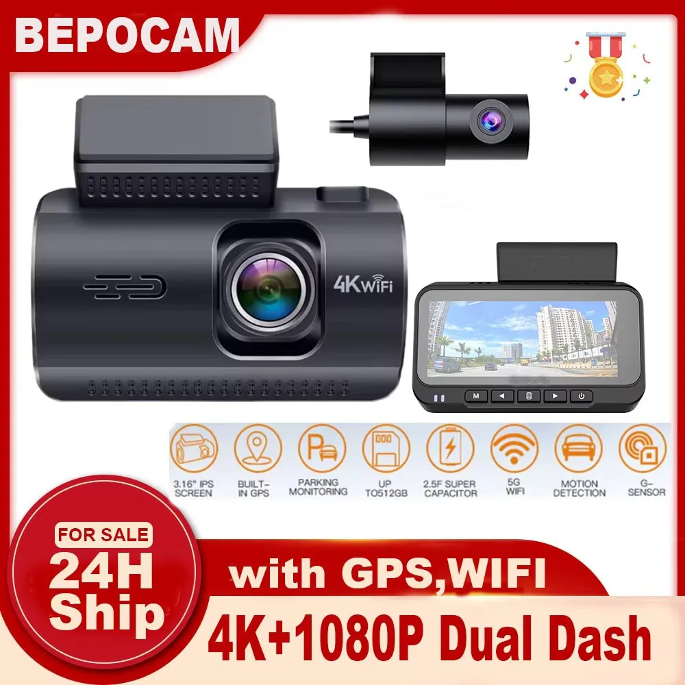 Dash Cam 4K+1080P Dual Dash Car Camera Built-in WiFi GPS 3.19