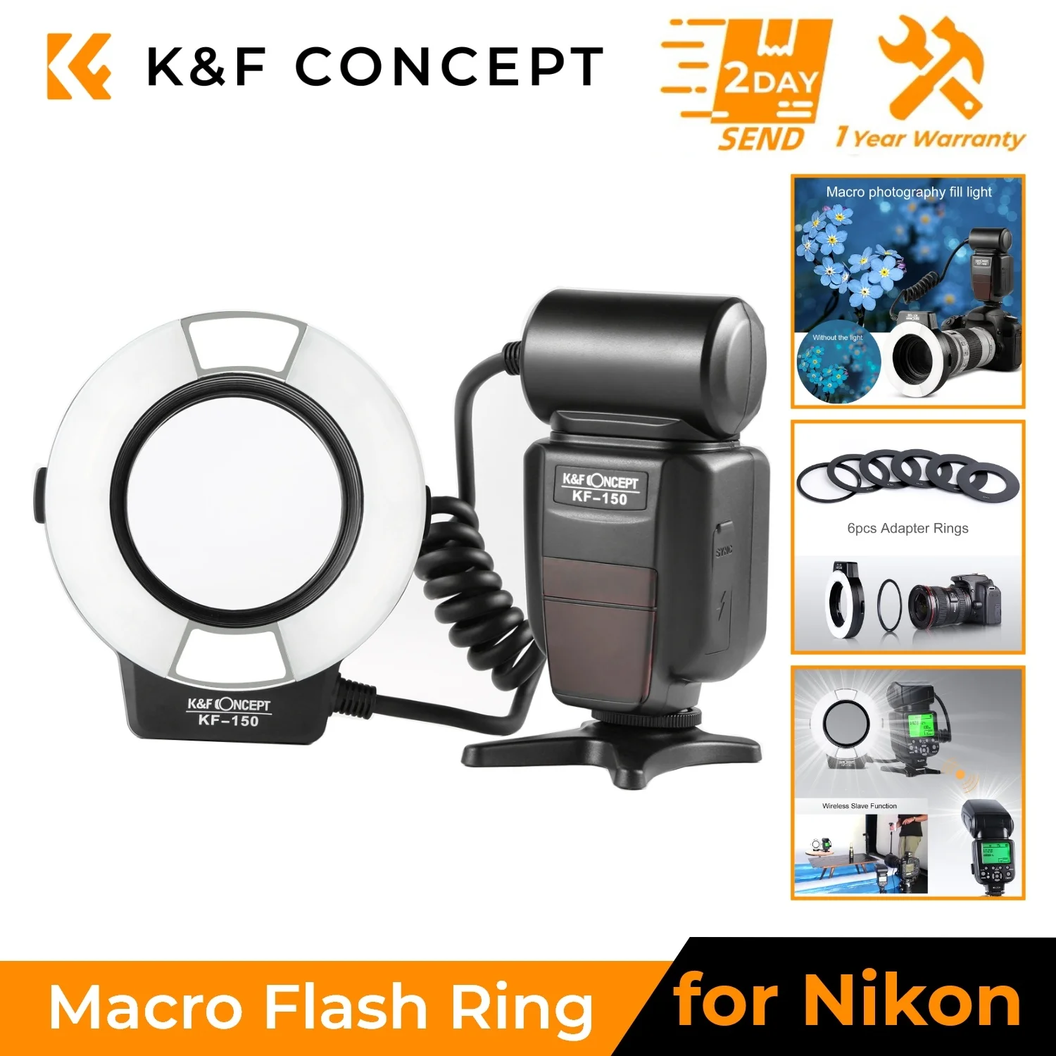 K&F CONCEPT KF-150 I-TTL Macro Ring Light Flashs LCD Display Wireless Slave Speedlite For Nikon Canon with 6pcs Adapter Rings