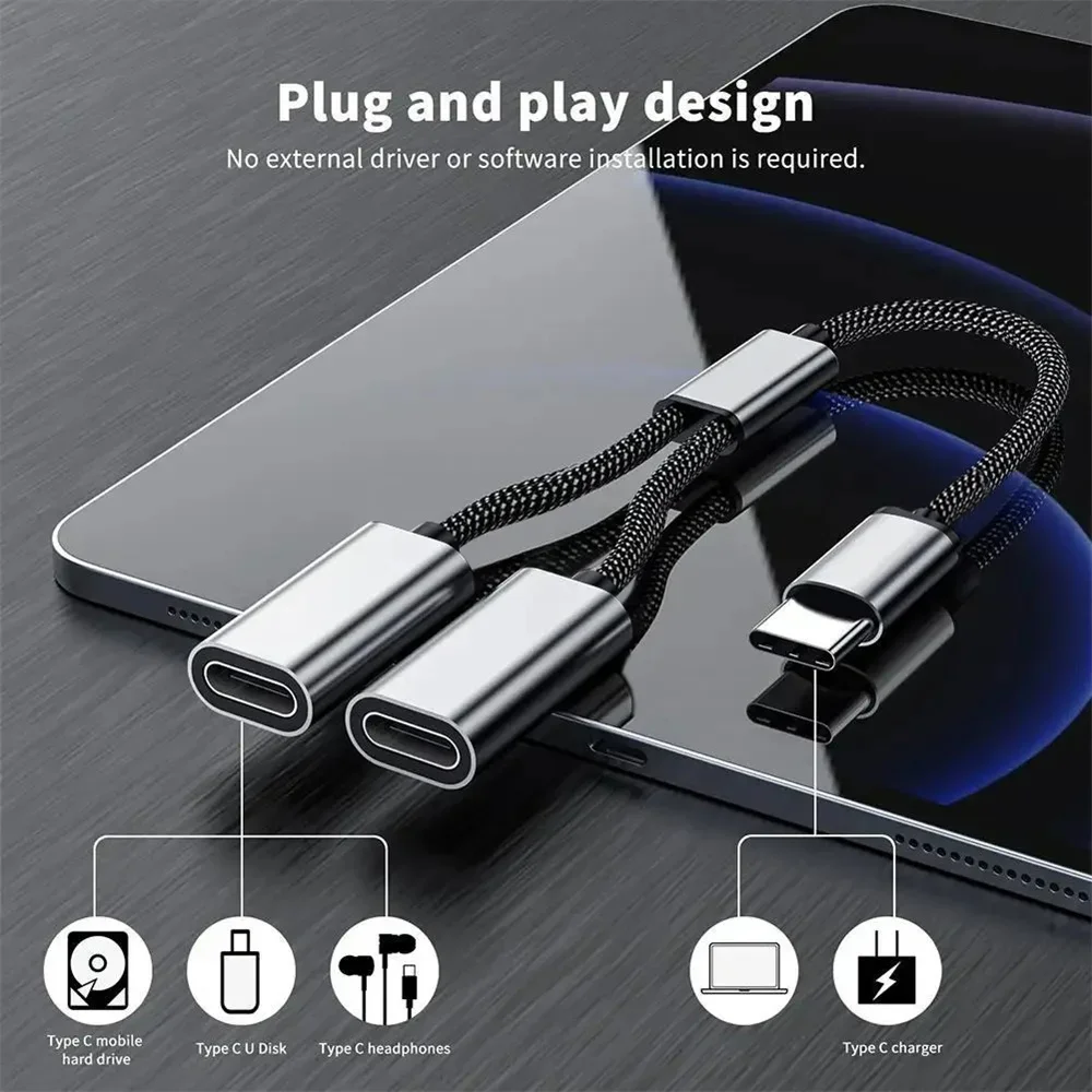 3 in 1 Portable USBC Male To Double USB C Female Splitter USB Y Splitter Cable Type C Hub For Gaming Handle PD Devices