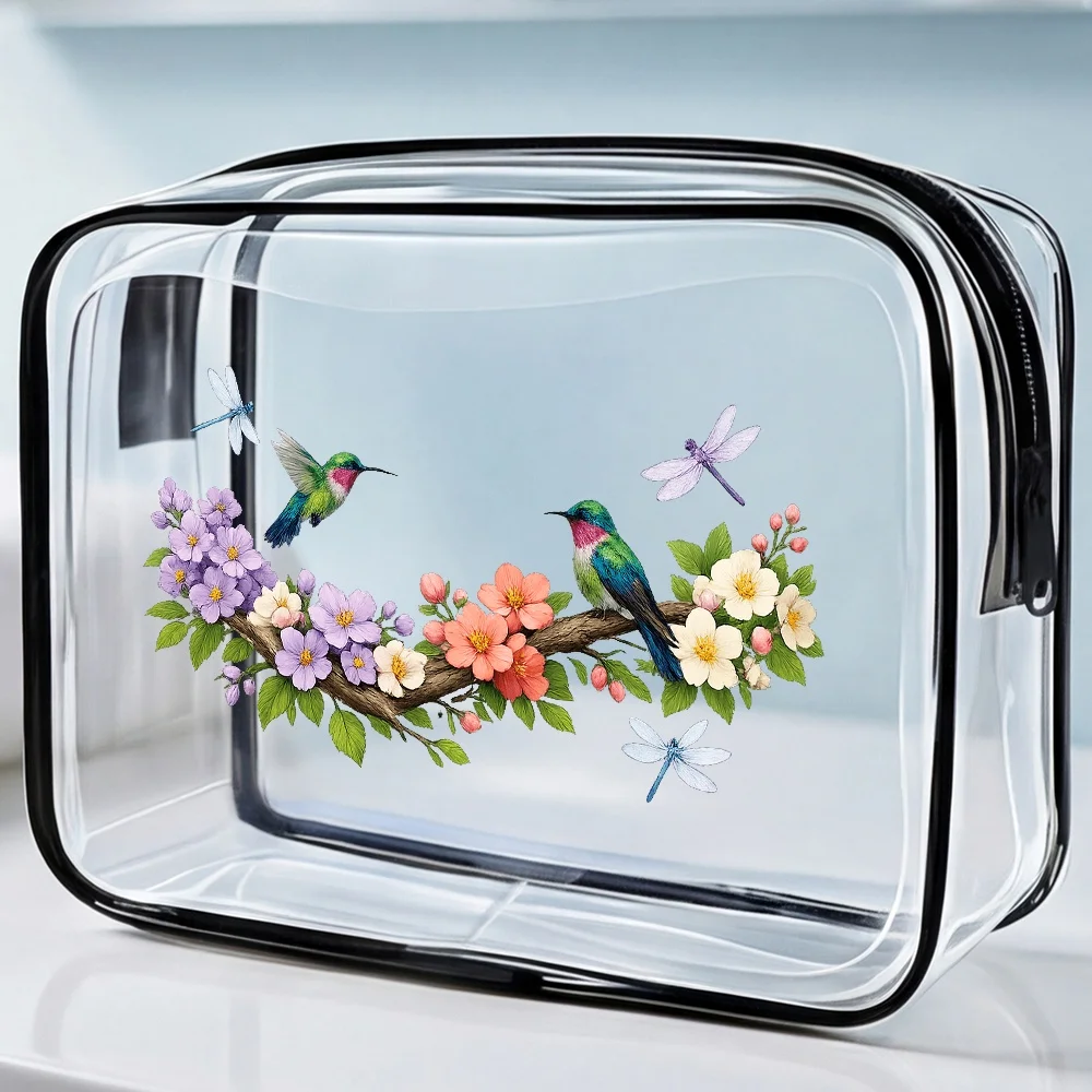 Hummingbird Floral Clear Zip Toiletry Bag Transparent Botanical Watercolor Travel Suitable For Women Nature Lovers Makeup Hold