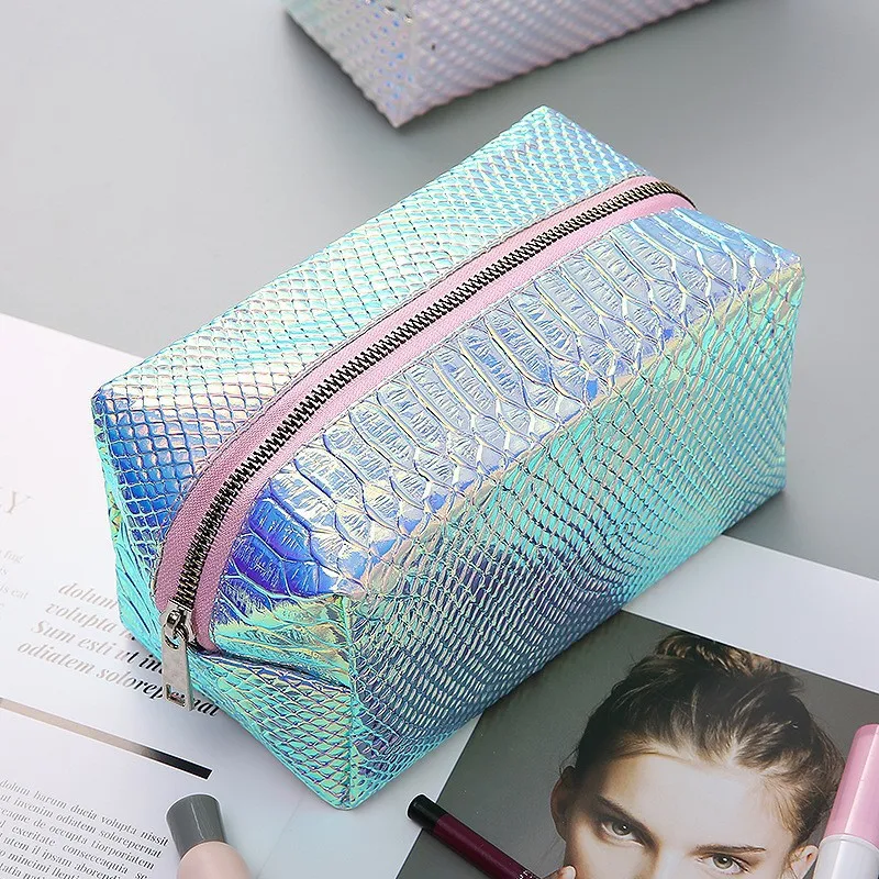 Iridescent Colorful Holographic snake skin pattern waterproof cosmetic makeup women's handbags travel toiletry bags