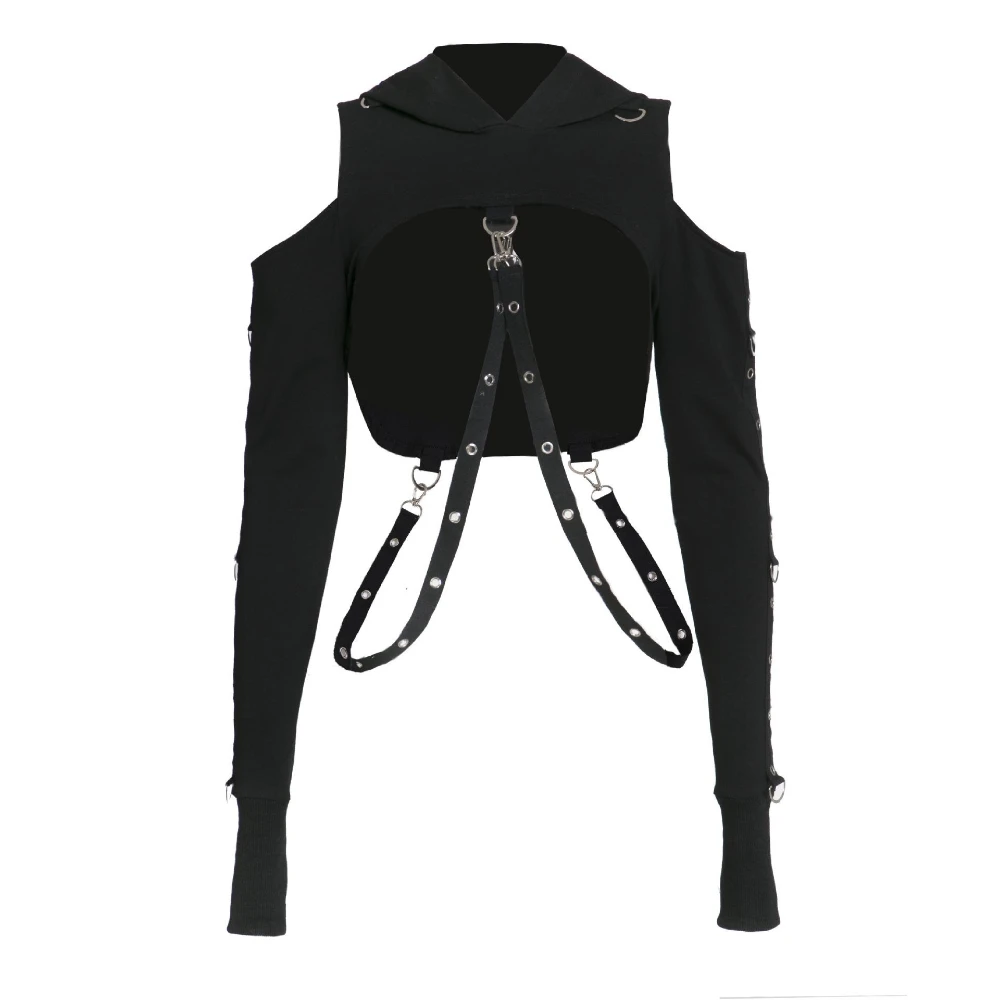 Ladies Black Gothic Punk Cropped Hooded Sweatshirt Fashion Aesthetic Long Sleeve Top