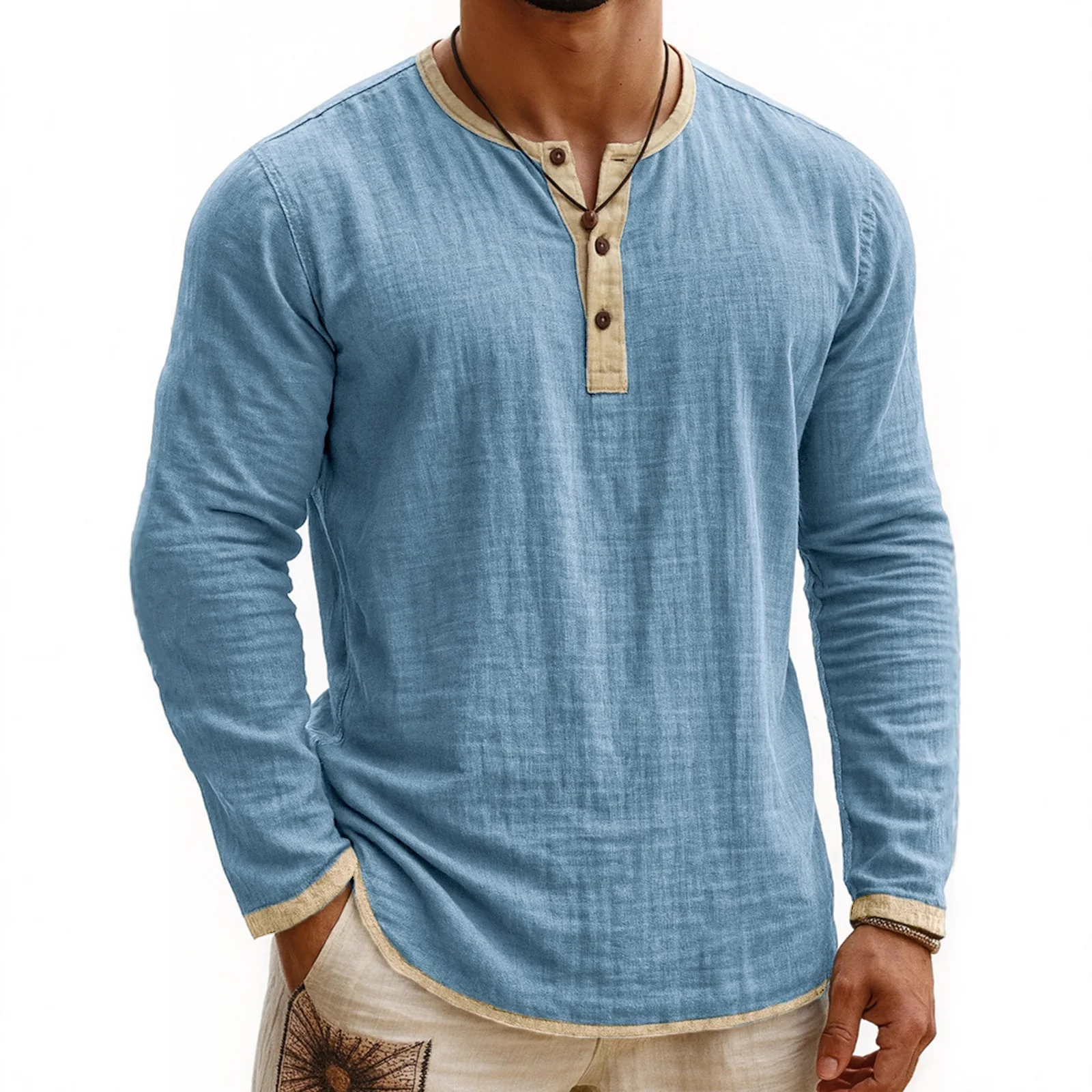 V-neck T-shirts Men's Casual T-shirt Fall Winter Long-sleeved Comfortable Soft Stretch Henley Shirt Men Casual Long Sleeves