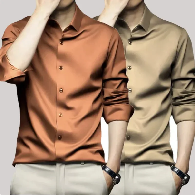 S-6XLHigh Quality Stretch Anti-Wrinkle Men Shirts Long Sleeve Dress Shirts For MaleSlim Social Business Blouse Solid Color Shirt