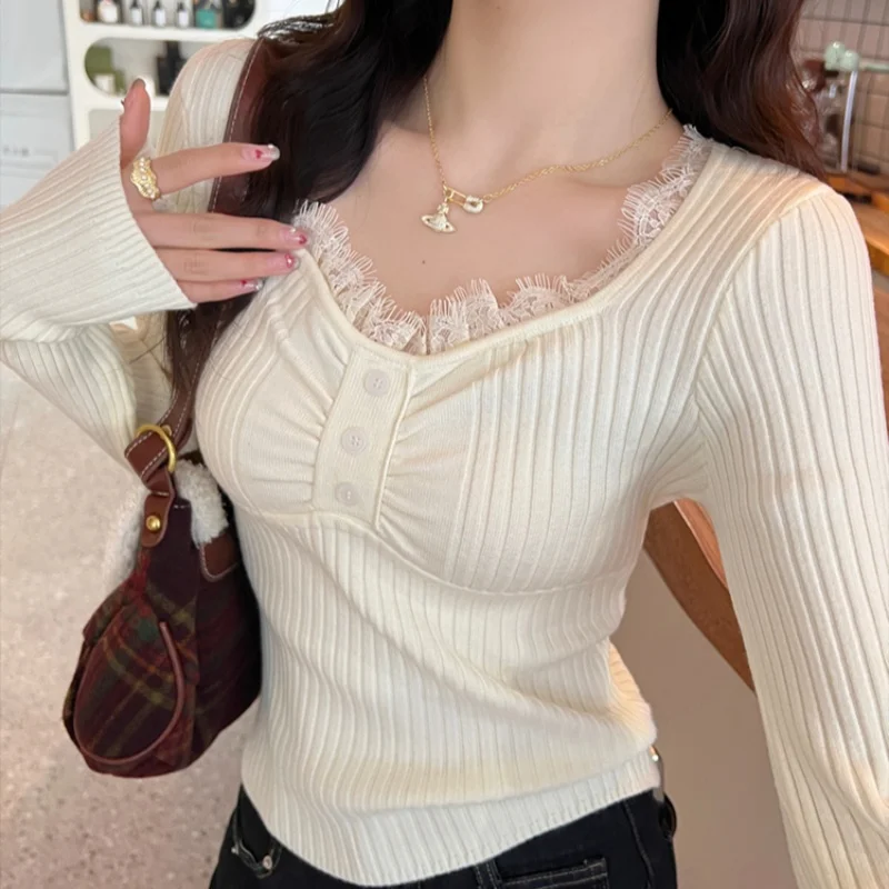 Women's V-Neck Lace Ribbed Knit Top Stretch Slim Fit Long Sleeve Base Layer Soft Elastic Casual Pullover Shirt