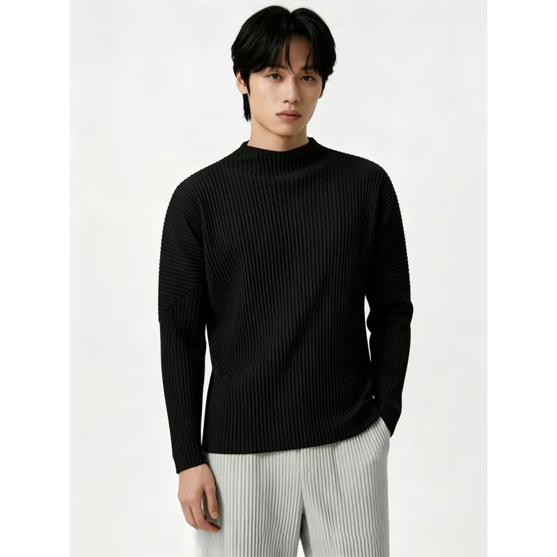 Miyake Pleated Men's Mock Neck Long Sleeve T Shirt Plisse Side Split Drop Shoulder Loose Fit Stretch Casual Streetwear Top