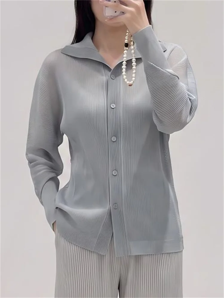Miyake Stretch Pleated Mesh Shirt for Women Early Autumn Lapel Button Long Sleeve Hollow See-through Thin Cardigan Jacket Shirt