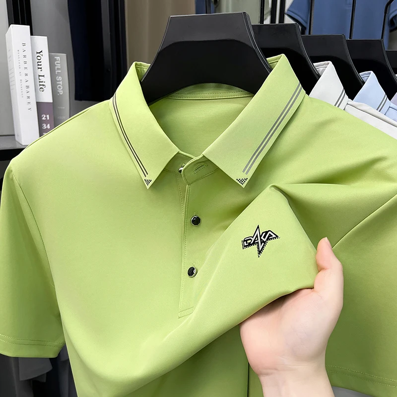 2026 Summer Old Money Style Silky Smooth Men T-shirt Classic Collar Stretch Lightweight Business Casual Short Sleeve Top Tee