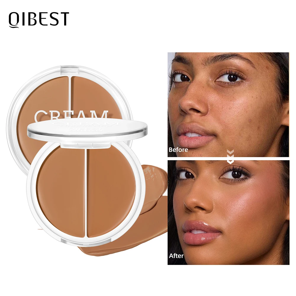 QIBEST Waterproof Cream Foundation Moisturizing Matte Full Coverage Acne Scars Brighten Skin Tone Pressed Powder Lasting Makeup