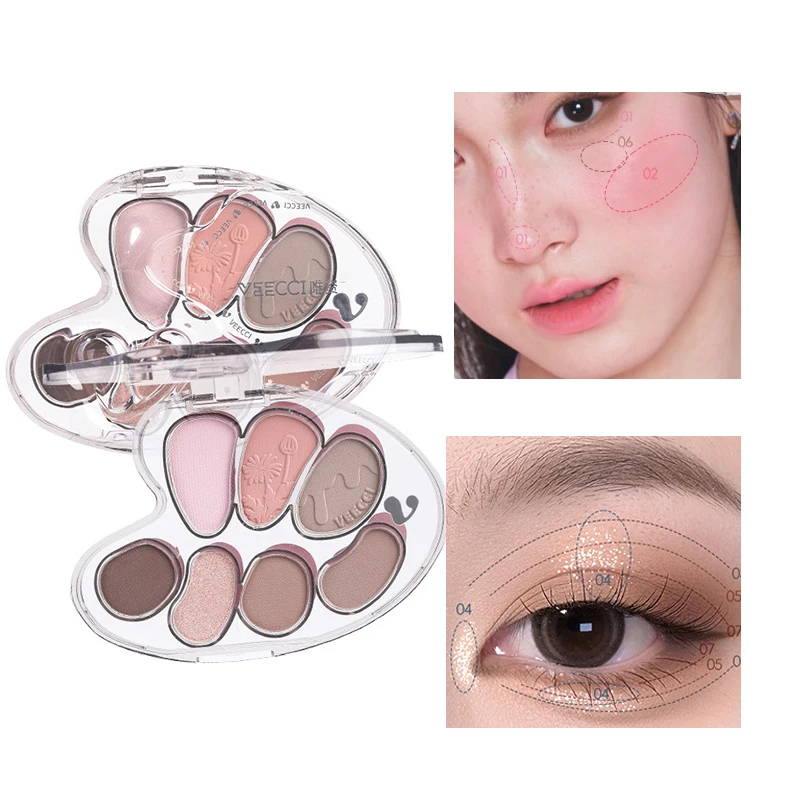 VEECCI 7-color Eyeshadow Palette Blush Highlight All-in-one Longlasting Non-smudge Waterproof Matte Shimmer Velvet Watery Makeup