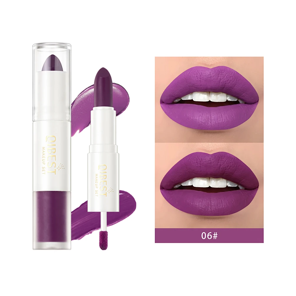QIBEST 2 In 1 Matte Lipstick Lip Gloss Makeup Double Head Lip Satin Sexy Red Purple Lipgloss Long Lasting  Lip Tint Makeup