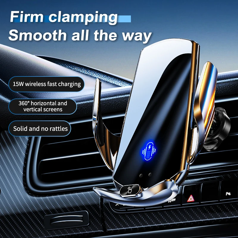 2026 New Wireless Car Charger 15W Infrared Auto Clamping 360 Rotating Air Vent Mount for iPhone Samsung Silver