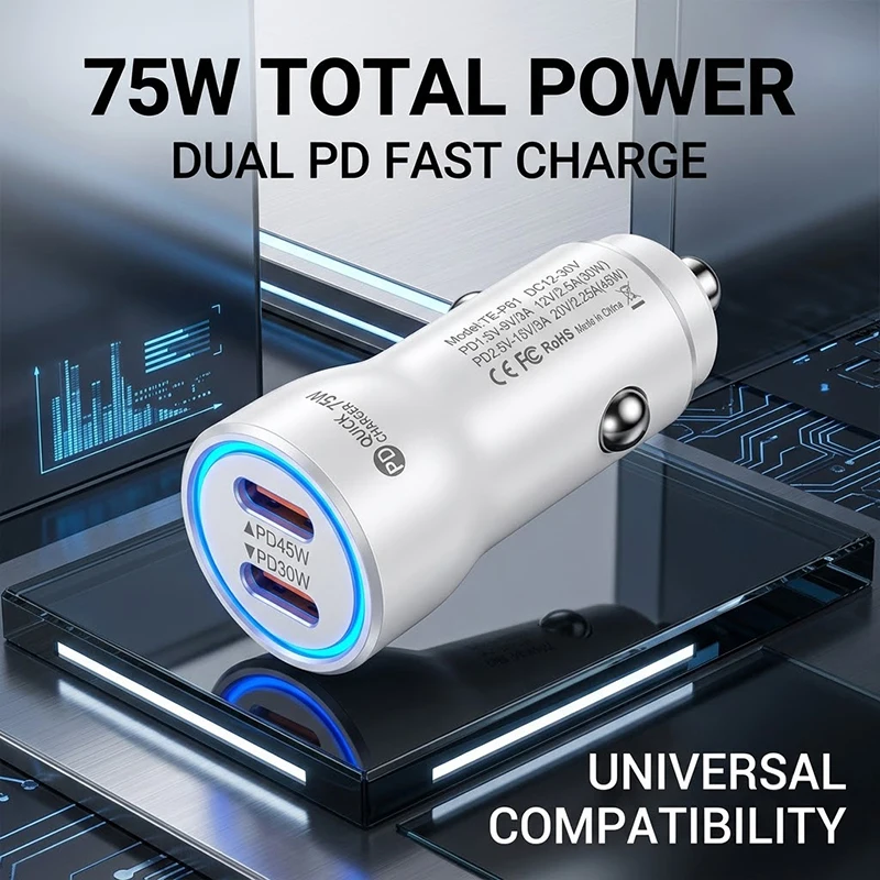 Dual Port Type C Car Charger 75W Total High Power PD 45W Fast Charging Auto Adapter Wide Voltage 12-24V Fits Trucks For iPhone