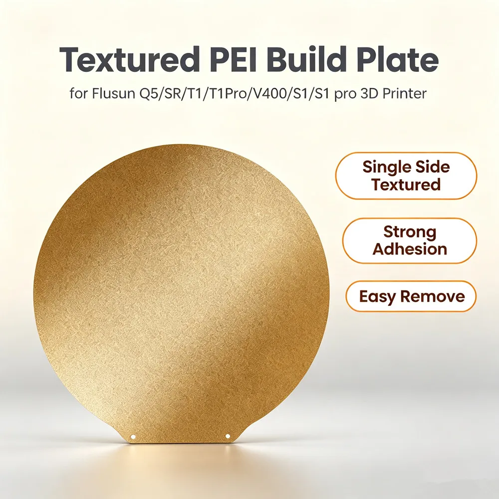 Round PEI Build Plate for Flsun Q5/SR/T1 Pro/V400/S1 3D Printer Single Textured Surface Flexible Spring Steel Strong Adhesion