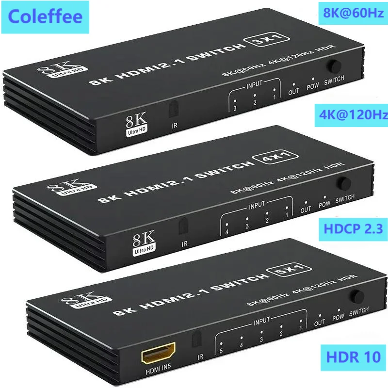 HDMI 2.1 Switch Splitter 120Hz 3/4/5-port HDMI 4K 120Hz Splitter Switcher CEC 48gbps HDMI 2.1 Switch 8K with Remote Dolby Vison