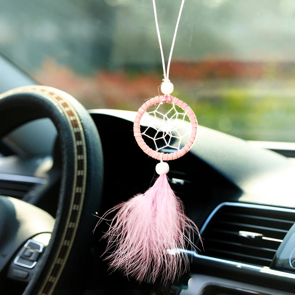 1PC Hand-woven Solid Color Mini Dream Catcher Car Interior Fluff Pendant Girls Room Decor Accessories Home Aerial Hanging Craft