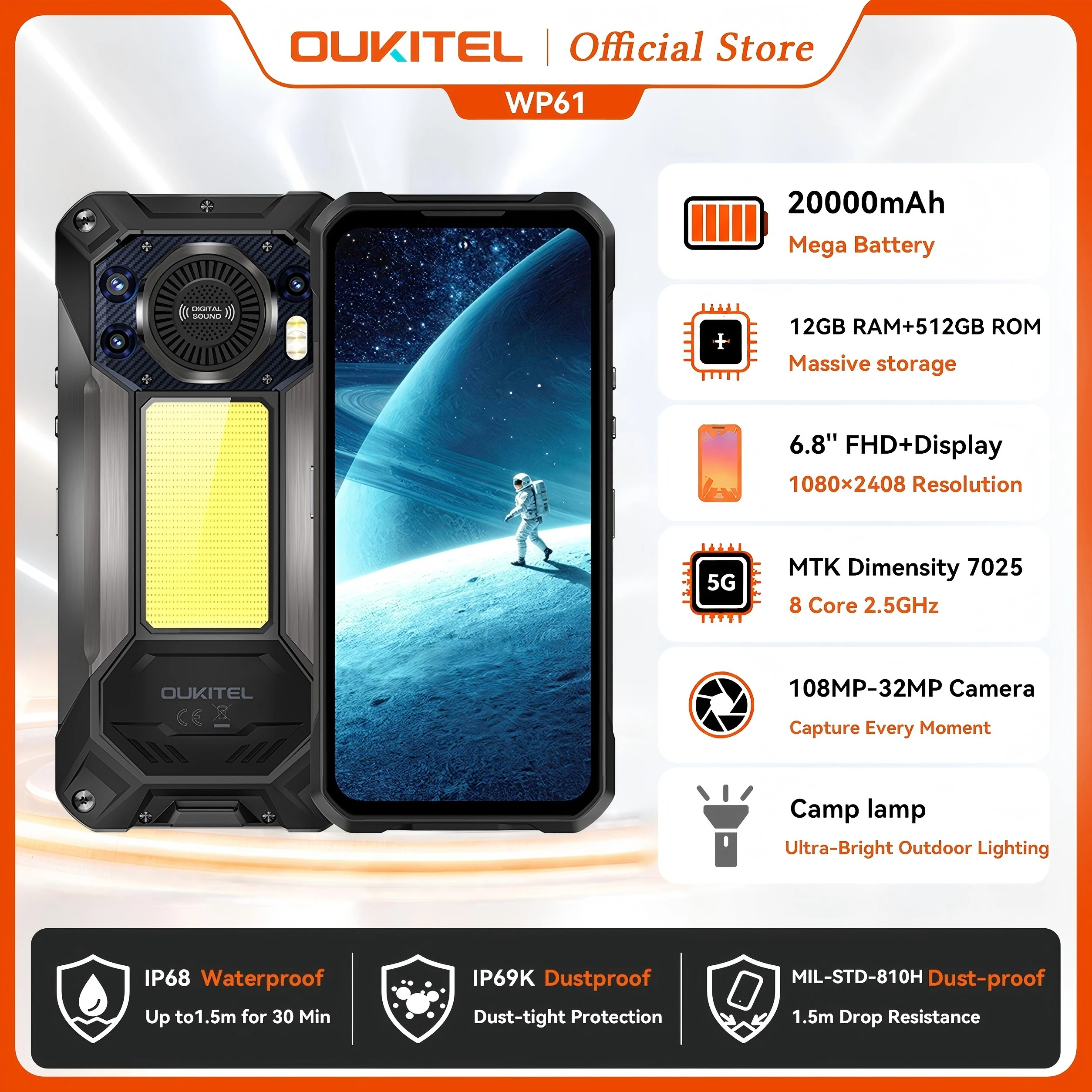 [NEW] OUKITEL WP61 20000mAh 5G Rugged Phone, 6.78'' HD+ Display 36GB(12+24)+512GB ROM, 108MP Camera Android 16 NFC Smartphone