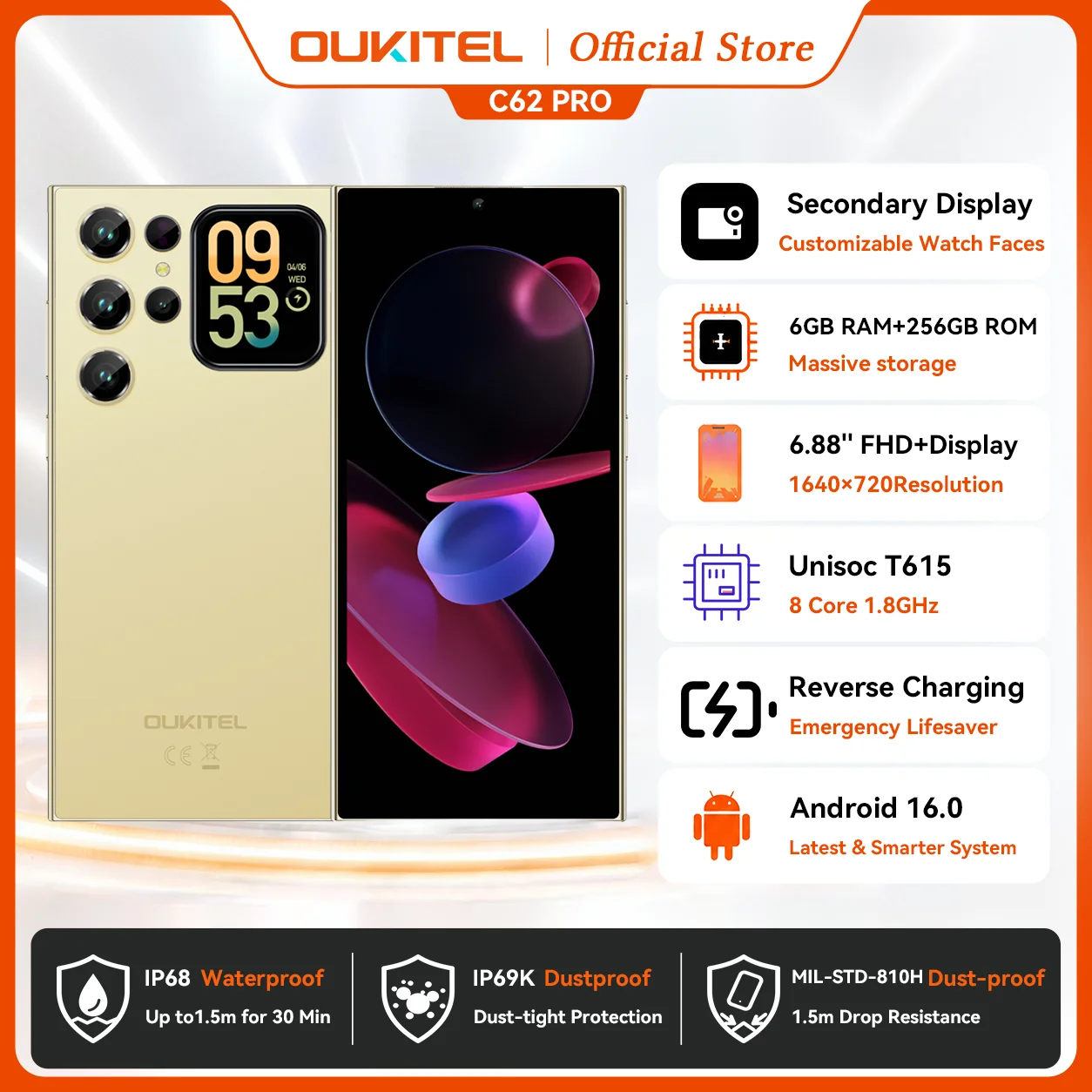 OUKITEL C62 Pro Smartphone Android 15, 6.88