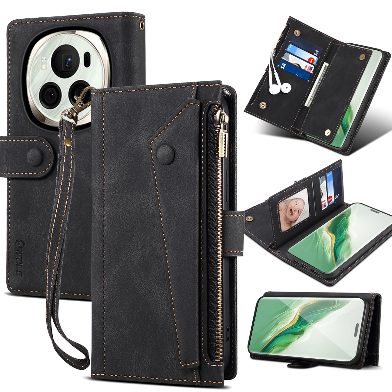 Wallet Flip Leather Case For Huawei Honor Magic 6 Pro Mobile Phone Case For Rope Luxury Zipper Cover Smartphone Android Fundas