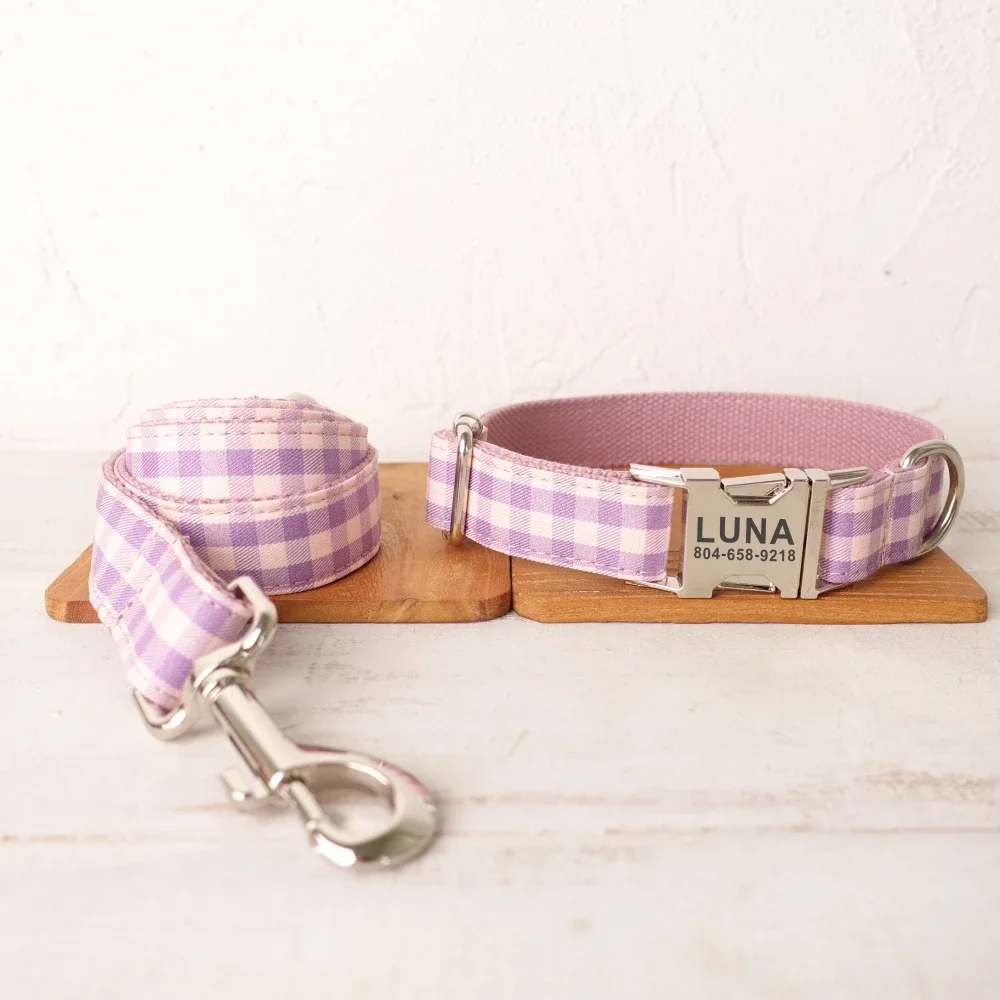 Personalized Dog Collar Custom Pet Collar Free Engraving ID Name Tag Pet Accessory Pnik Purple Plaid Puppy Collar Leash