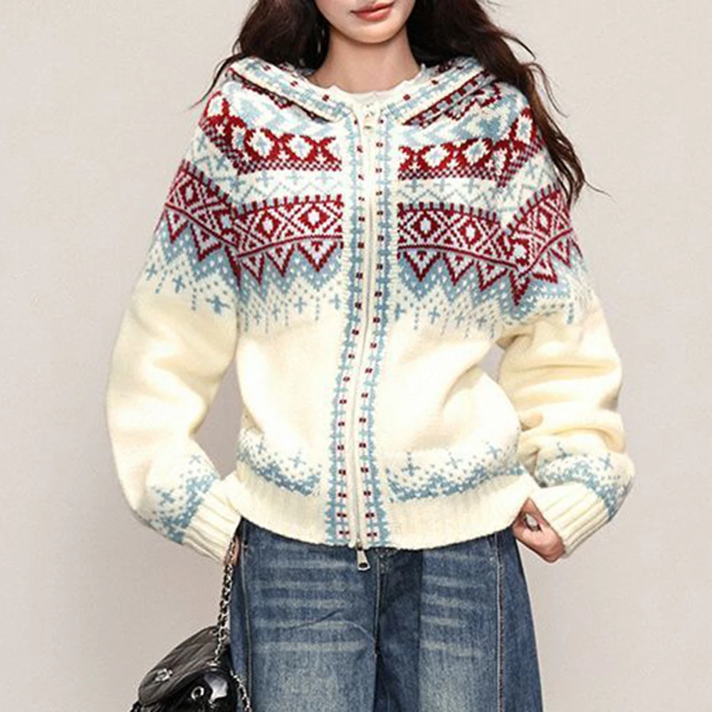 Autumn and Winter Christmas Wear Fair Island Cardigan Hooded Thickened Sweater Loose Premium Jacket Women