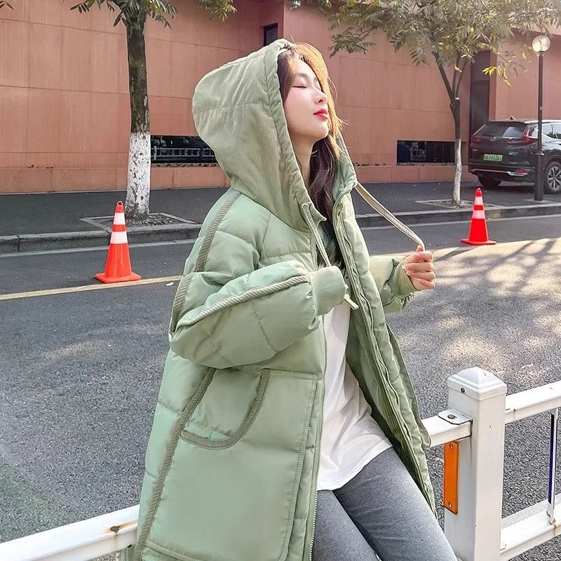 Women's Winter Cotton Jacket Coat Blouse Mid-length Splicing Corduroy Zipper Thickened Warm Premium Soft Versatile Trend Brand