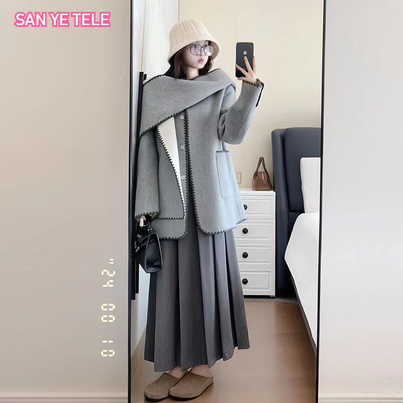Grey Scarf Hooded Premium Coat Casual Loose Women Autumn/winter Detachable Scarf Design Temperament Woolen Jacket Coat
