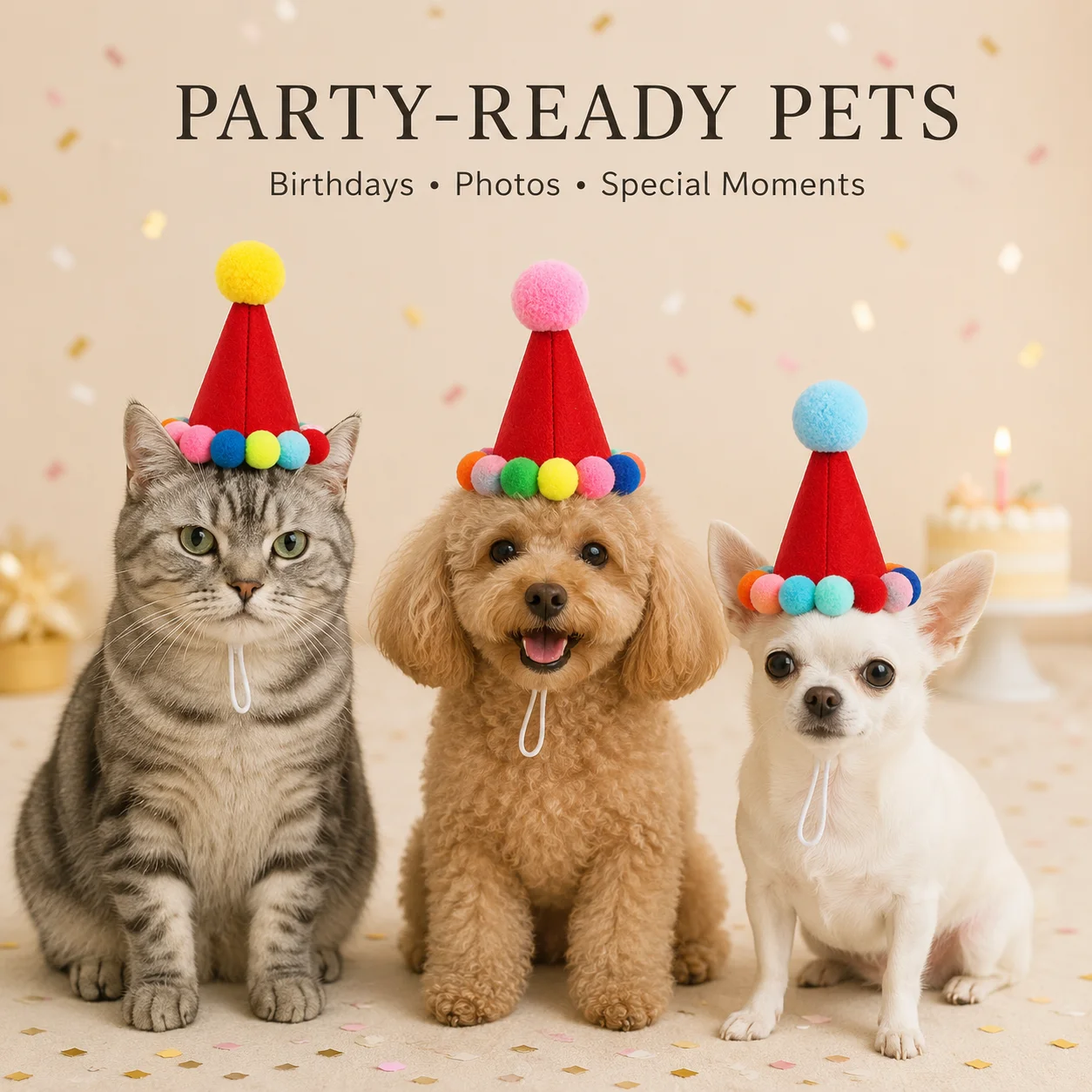 Pet Birthday Party Hat for Cats Small Dogs Adjustable Felt Cone Cap Colorful Pom Pom Costume Photo Prop Celebration Accessory
