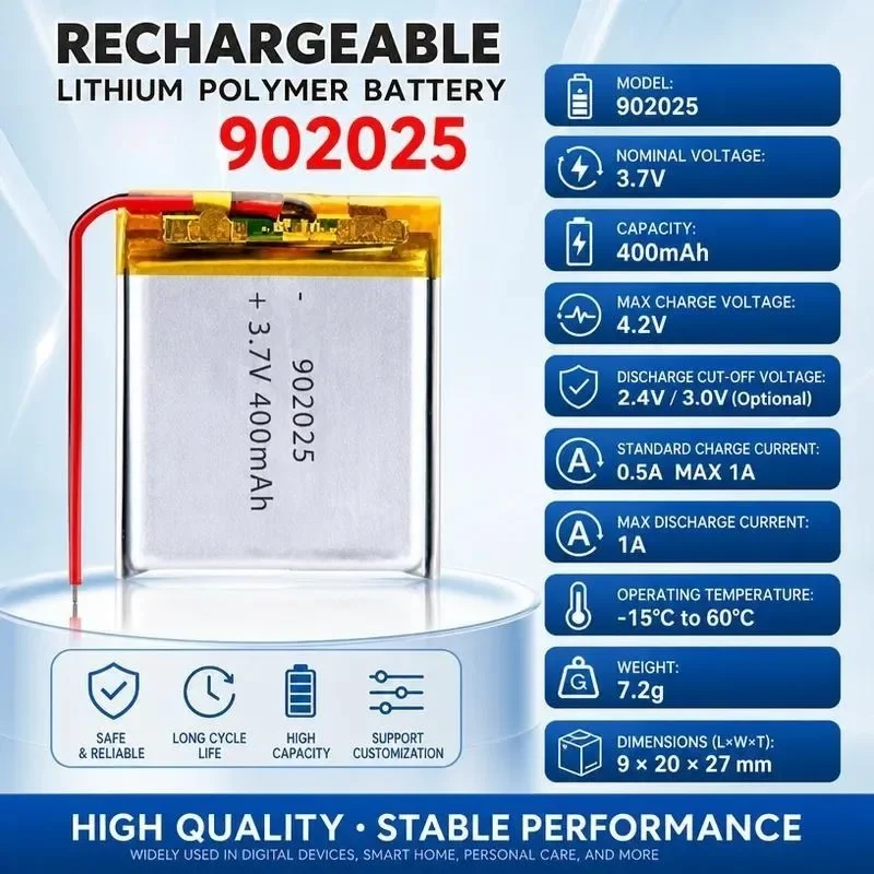 [New] 902025 3.7V 400mAh Lithium Polymer Battery Rechargeable Li-po for Mini Speaker Bluetooth Headset Smart Watch