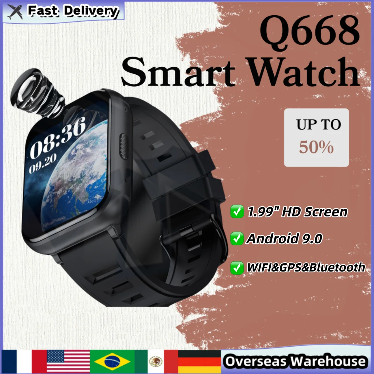 Q668 Smart Watch Android 9.0 Bluetooth 5.0 Watches 4G Wifi Smartwatches Mens Watch 1.99