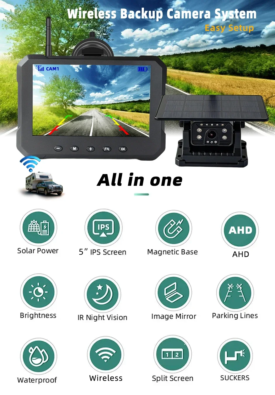 HD Wireless Solar Magnetic AHD1080P Backup Camera IR Night Vision with 5 in Monitor Rear for Truck Lorry Bus RV Trailer Vehicle*