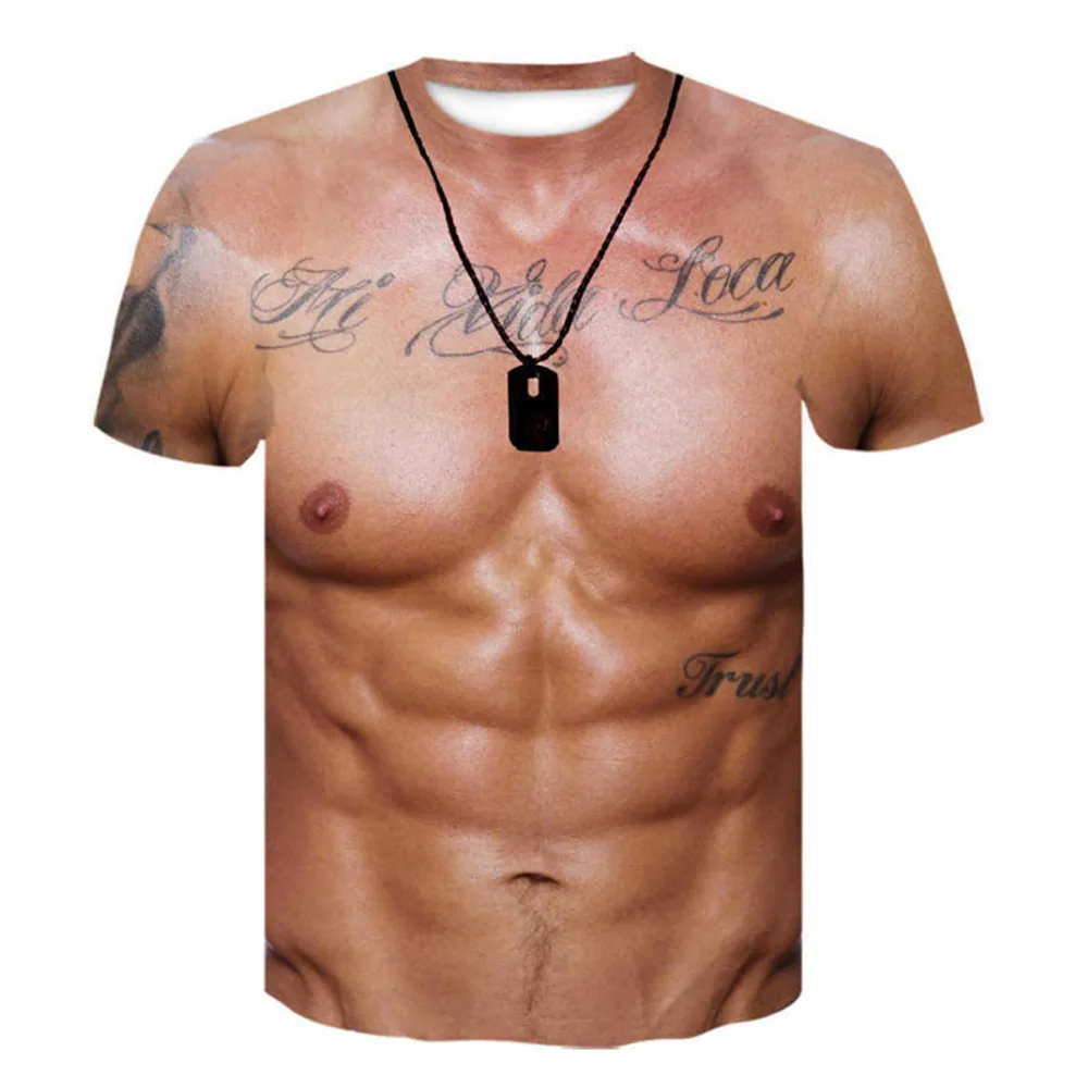 Men Funny Fake Muscle Abs 3D All Over Print T-Shirt Tattoo Dog Tag Necklace Graphic Short Sleeve Novelty Casual Party Tee Tops