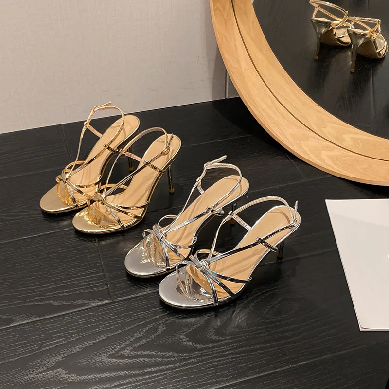 Summer Pointed Stiletto High Heel Golden Patent Leather Large Size Sandals Banquet Dress All-match Thin Strap Women's Shoes