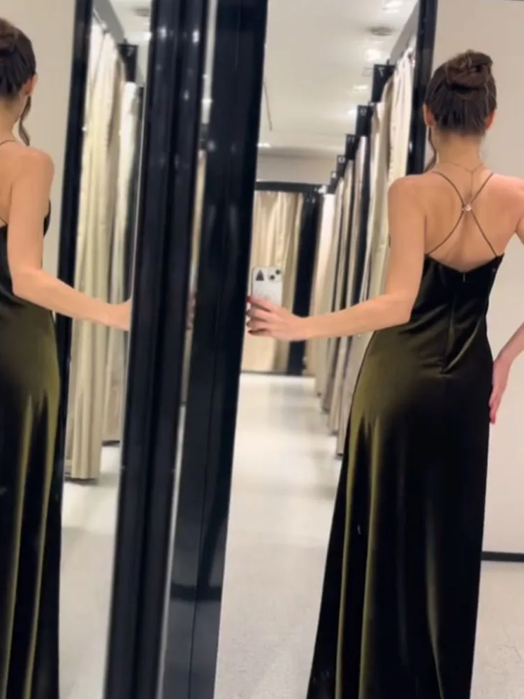 HH Women's 2026 Summer New Fashion V-neck Sexy Versatile Suspender Velvet Long Dress Female Elegant Backless Ankle-length Dress